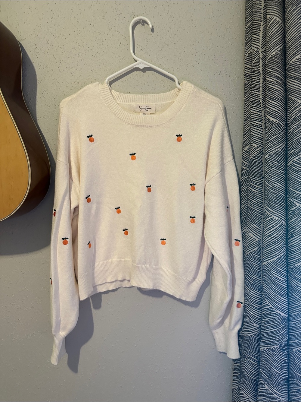 Jessica Simpson Cream Crewneck Sweater with Orange Embroidered Motifs